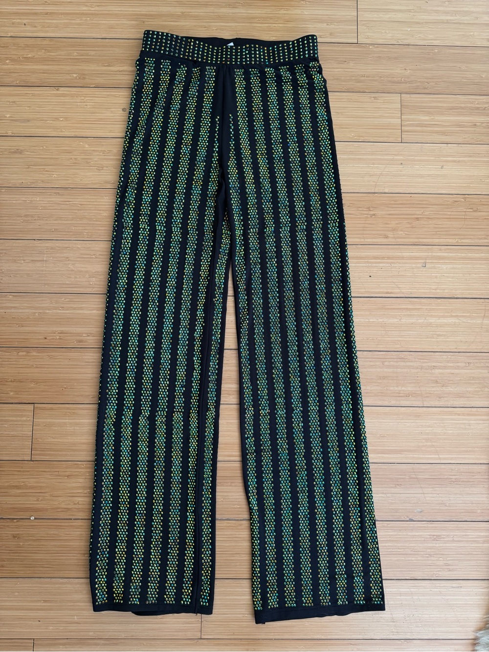 Black sequin Wide-Leg Pants with Green Stripe Detail